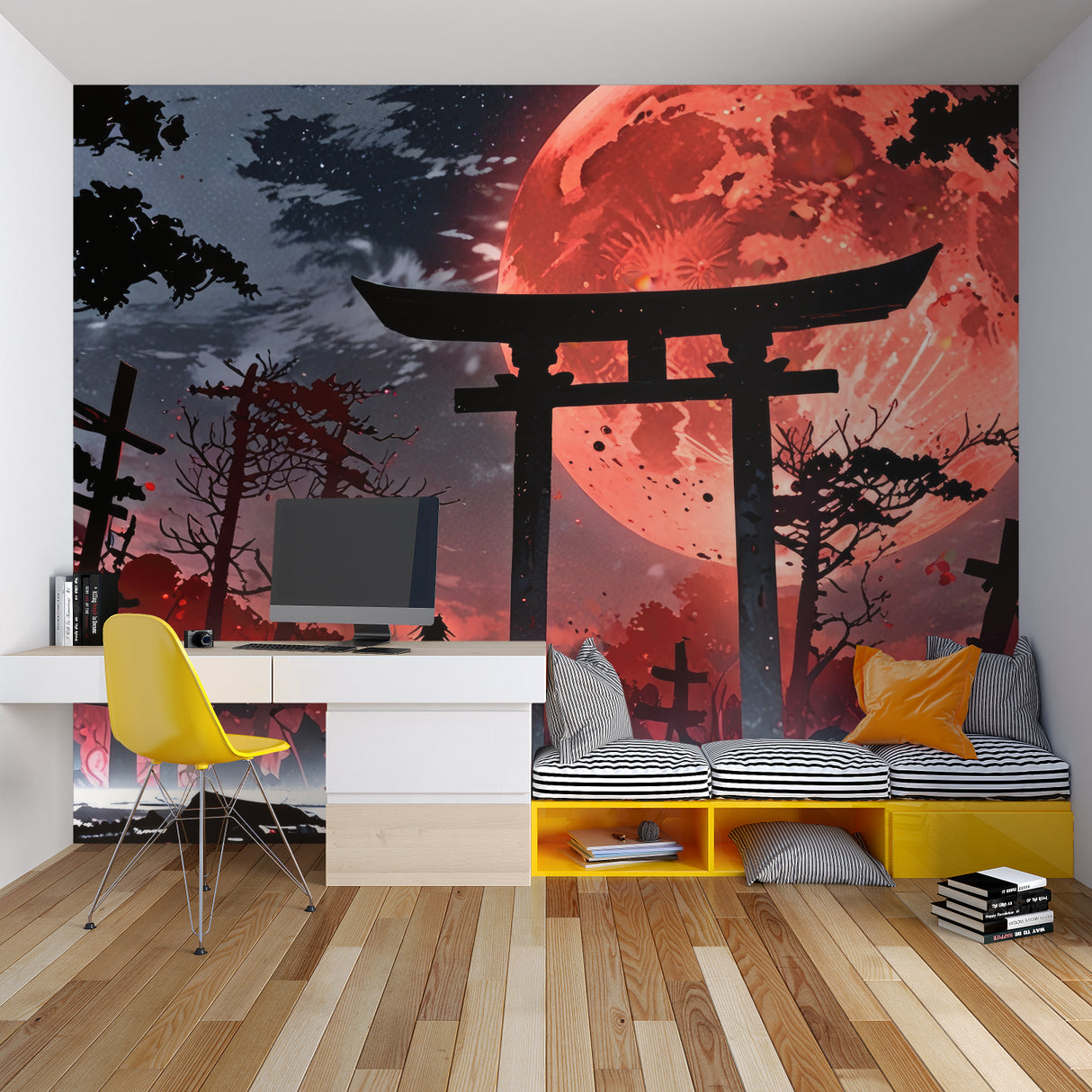 Japanese wall mural transforming home office with red and black tones