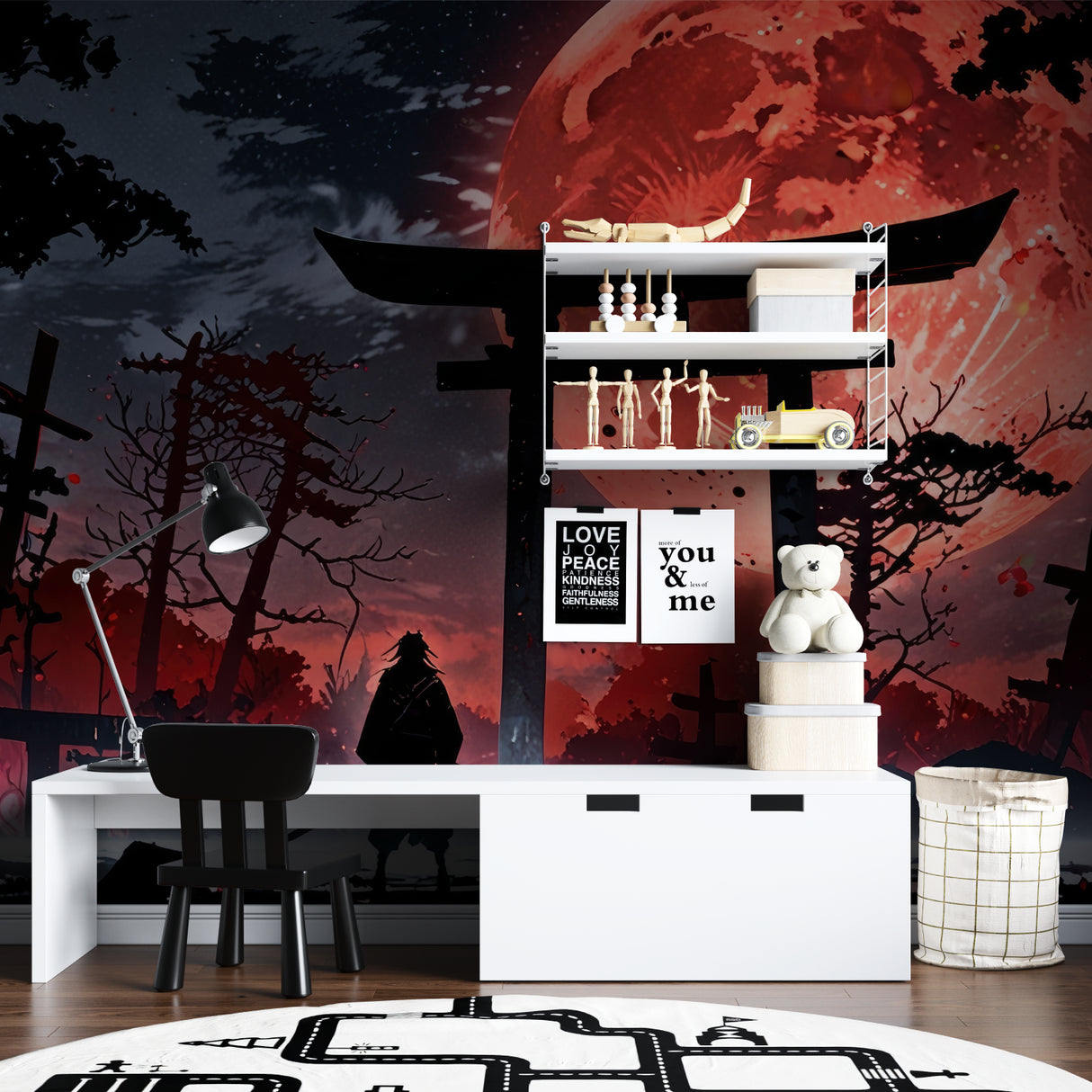 Torii gate wallpaper creating focal point in minimalist dining room setting