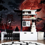 Torii gate wallpaper creating focal point in minimalist dining room setting