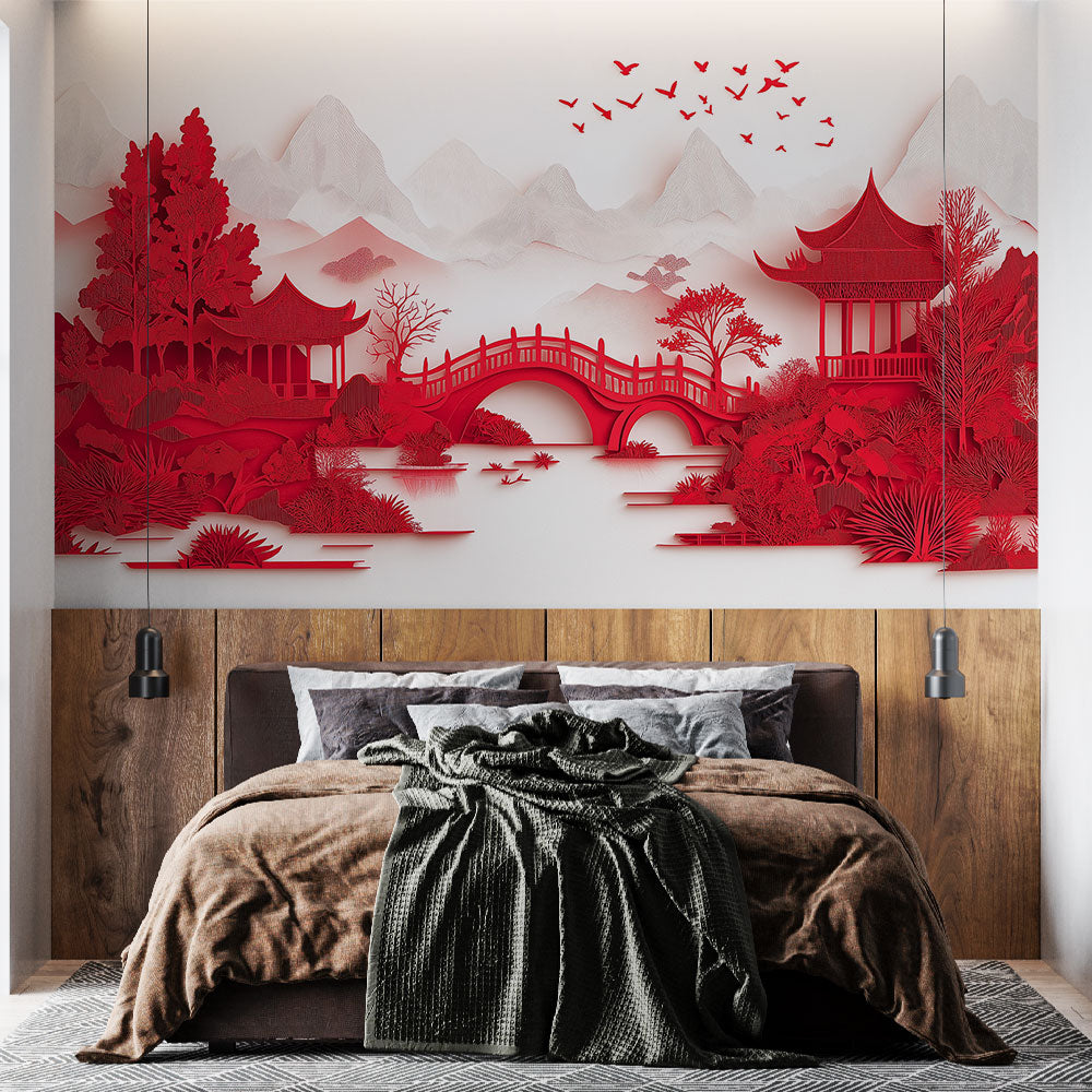 Japanese pagoda wallpaper in modern living room, showing red oriental design against white walls creating depth