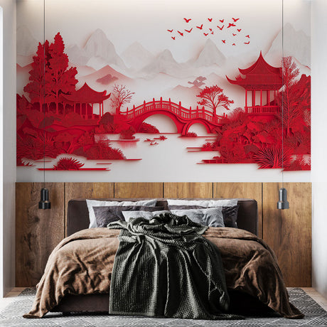 Japanese pagoda wallpaper in modern living room, showing red oriental design against white walls creating depth