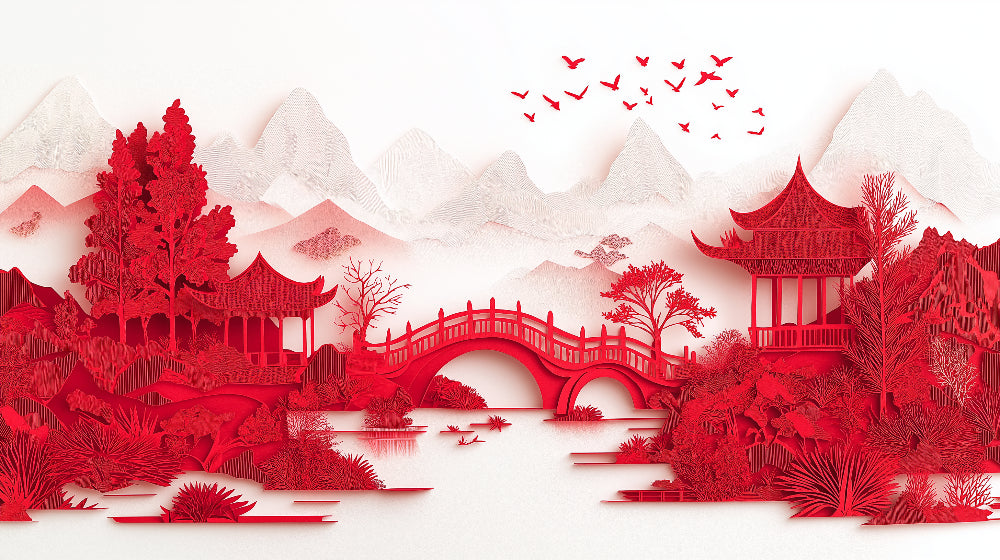 Japanese landscape design file showing detailed red pagoda and mountain pattern