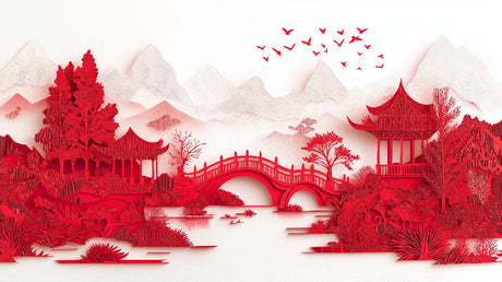 Japanese landscape design file showing detailed red pagoda and mountain pattern