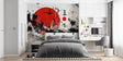 Japanese ink art wallpaper in modern minimalist living room with black furniture