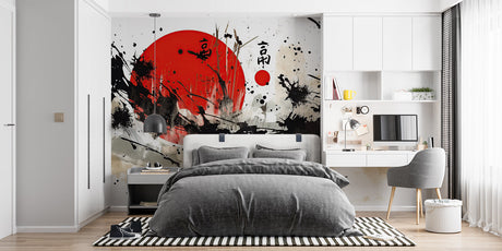 Japanese ink art wallpaper in modern minimalist living room with black furniture