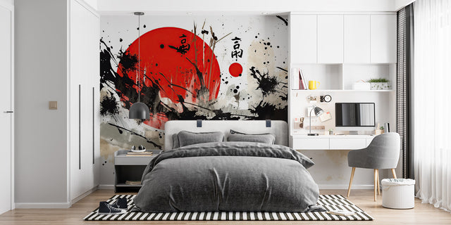 Japanese ink art wallpaper in modern minimalist living room with black furniture