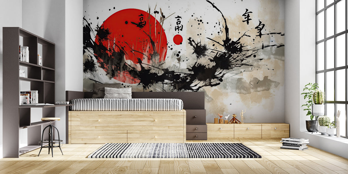 Red sun Japanese wallpaper in contemporary office space