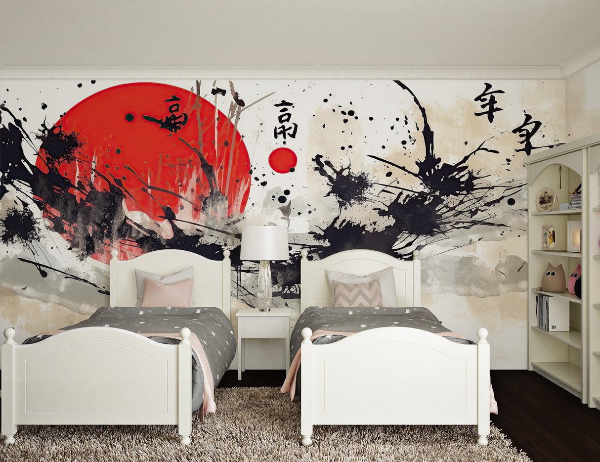Japanese calligraphy wall mural in Asian-inspired dining room