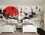 Japanese calligraphy wall mural in Asian-inspired dining room
