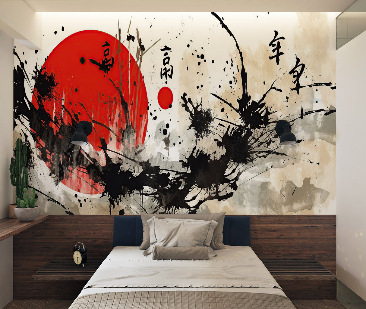 Ink splatter Japanese wall art in meditation room setting
