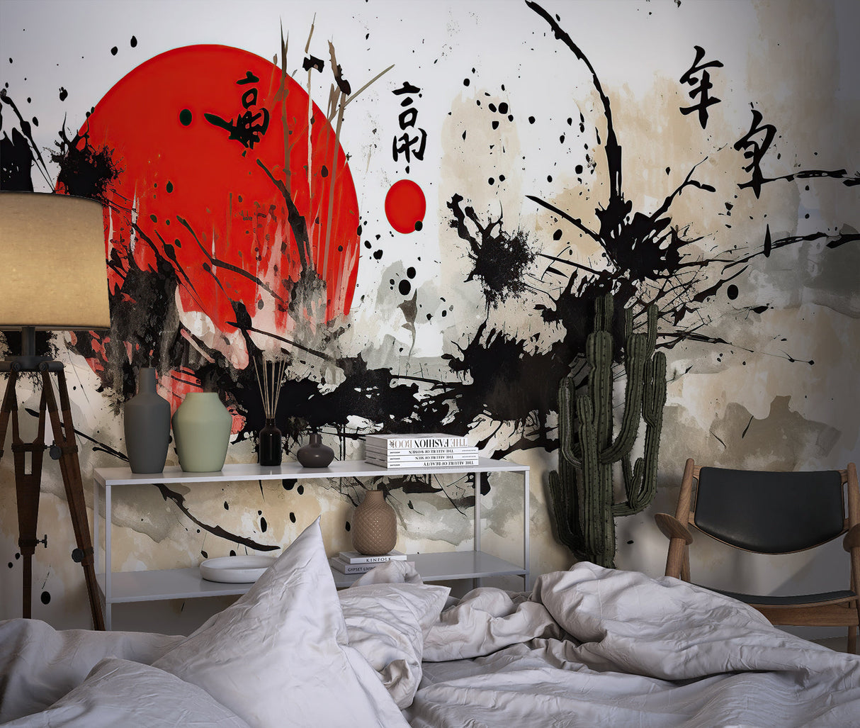 Japanese red sun wallpaper in urban loft bedroom