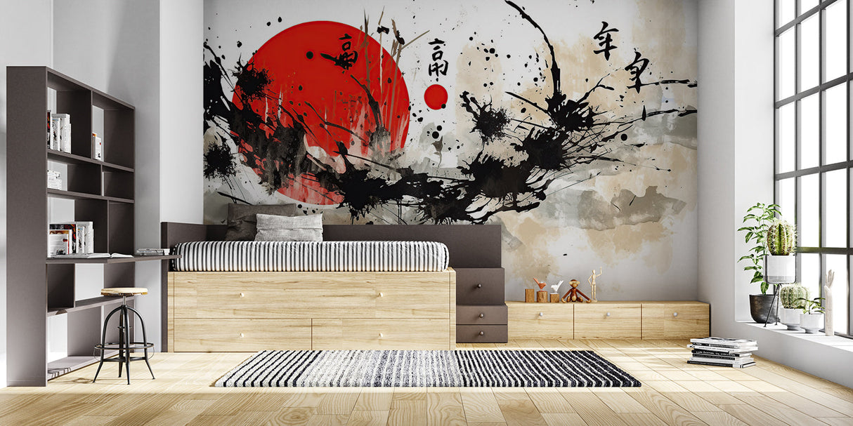 Asian-inspired wall mural in modern art gallery space