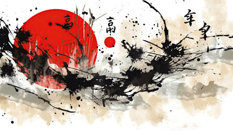Japanese ink art design file with red sun and calligraphy pattern