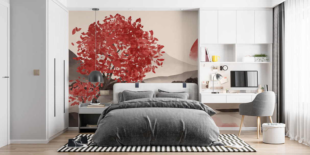 Japanese red tree wallpaper creating a stunning focal point in a modern living room with minimal furniture
