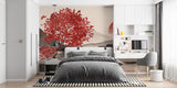 Japanese red tree wallpaper creating a stunning focal point in a modern living room with minimal furniture