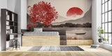 Oriental landscape mural bringing zen vibes to a master bedroom with soft lighting