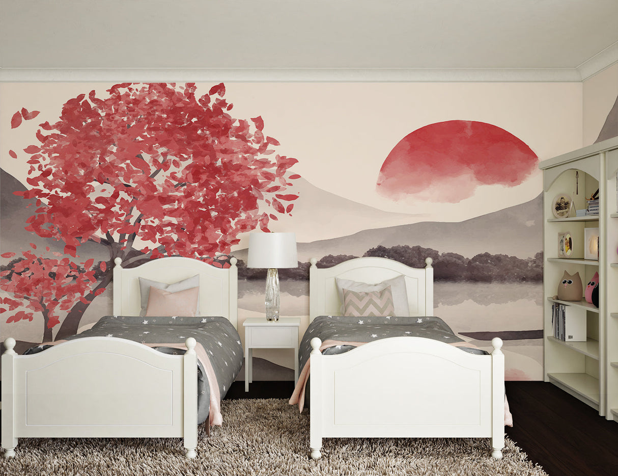 Japanese wall mural showcased in a meditation room with bamboo accents