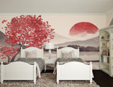 Japanese wall mural showcased in a meditation room with bamboo accents