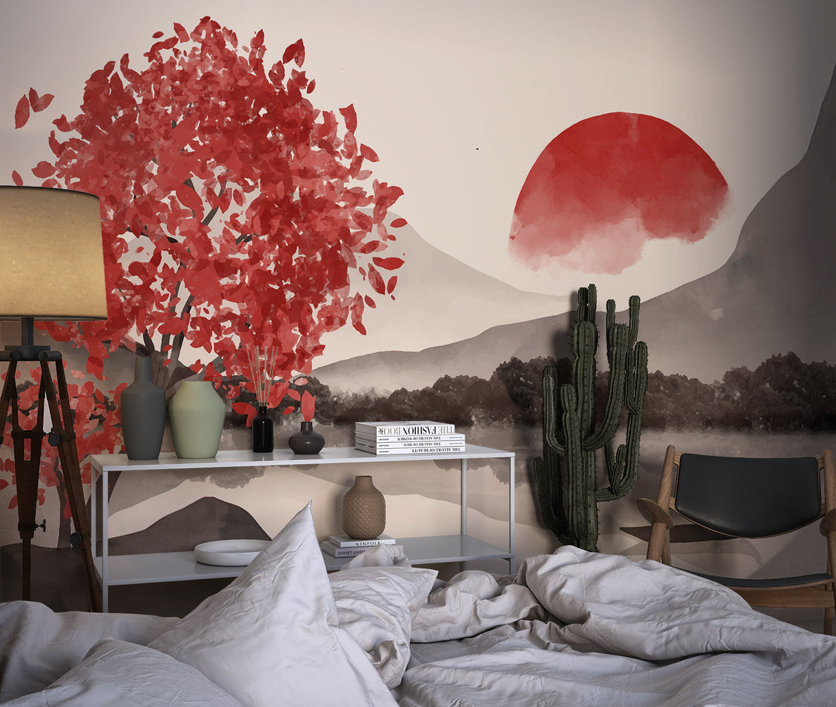 Red tree wallpaper creating depth in a contemporary home office setup