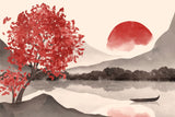 Japanese landscape design file showing detailed red tree against misty mountain backdrop