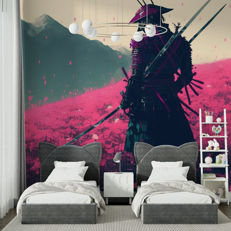 Japanese samurai wallpaper creating dramatic impact in modern living room with teal and pink tones
