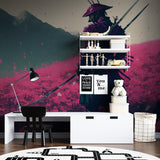 Japanese warrior art mural in teen bedroom with contemporary furniture