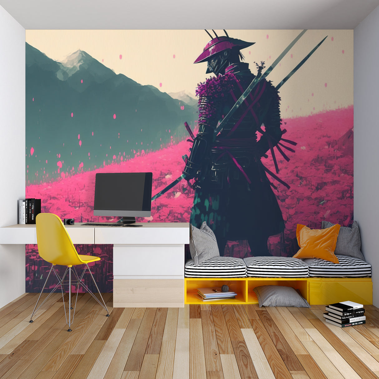 Cherry blossom and samurai wallpaper transforming home office space