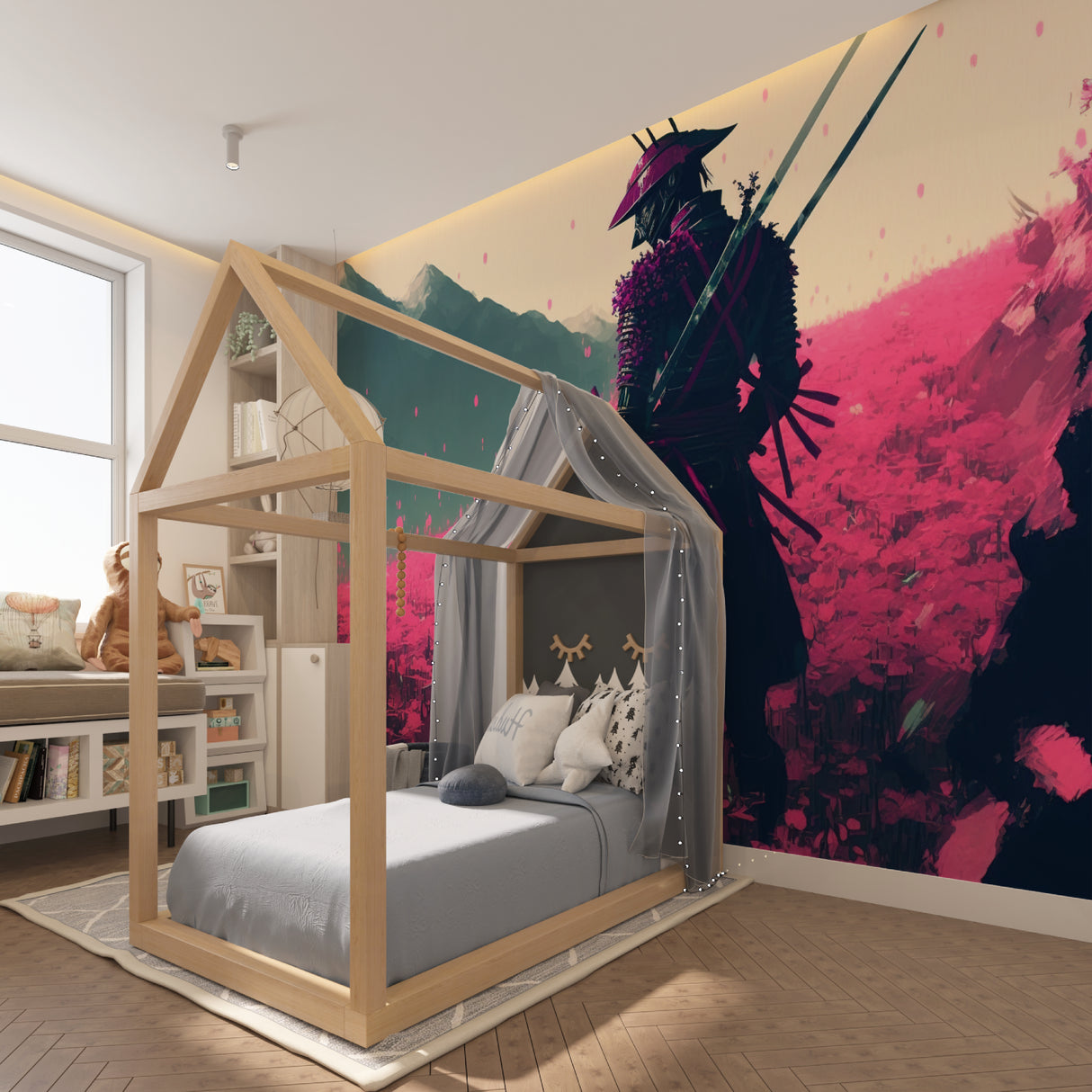Japanese mural making statement in minimal dining room setting