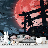 Japanese samurai wallpaper creating dramatic atmosphere in modern living room with red moon focal point