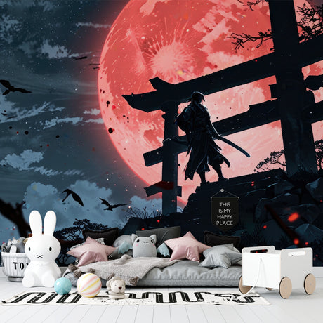 Japanese samurai wallpaper creating dramatic atmosphere in modern living room with red moon focal point