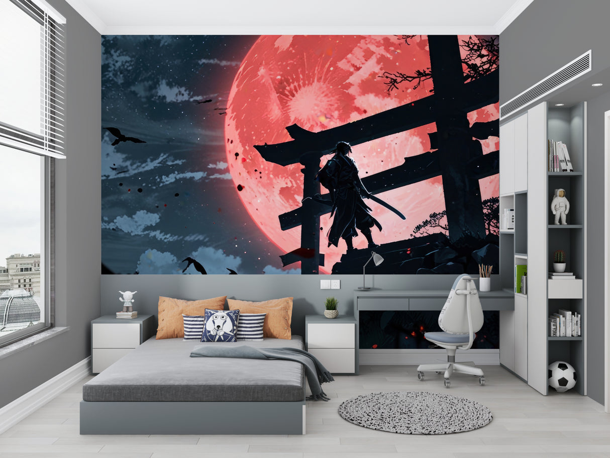 Red moon Japanese wall mural adding depth to gaming room setup