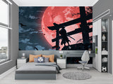 Red moon Japanese wall mural adding depth to gaming room setup