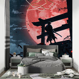 Samurai silhouette mural creating ambiance in meditation room