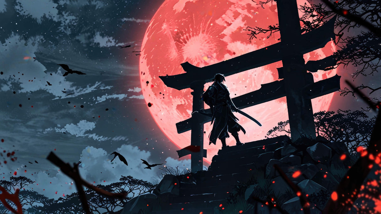 Japanese samurai design file with red moon and cherry blossoms pattern