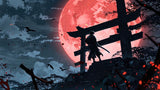 Japanese samurai design file with red moon and cherry blossoms pattern