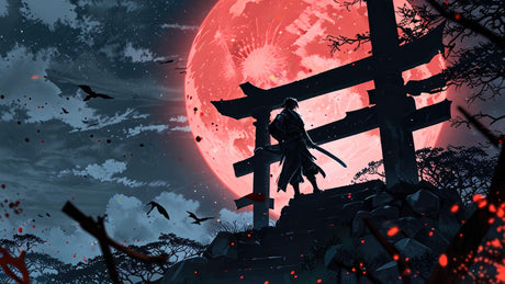 Japanese samurai design file with red moon and cherry blossoms pattern