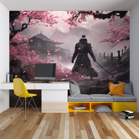 Japanese samurai wallpaper creating depth in modern living room with minimalist furniture