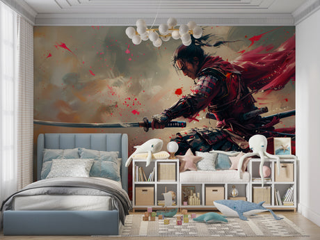 Japanese Samurai Wallpaper bringing drama to a modern living room with red and black accents