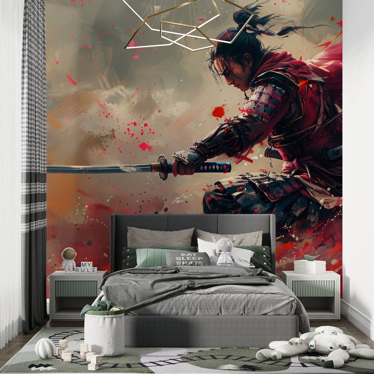 Samurai Warrior Mural creating impact in a teen bedroom gaming setup