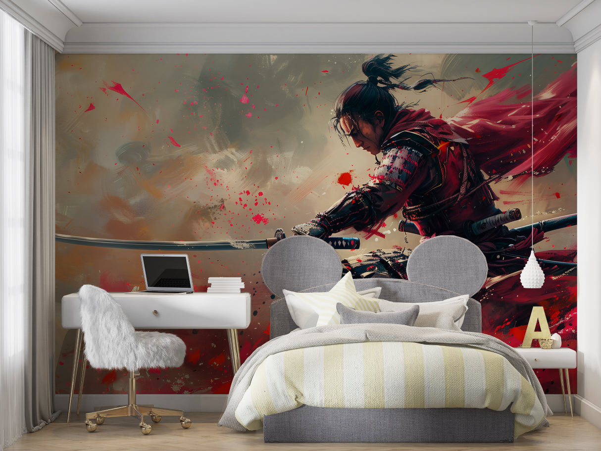 Action-packed Samurai Art Mural displayed in an Asian-inspired dining room