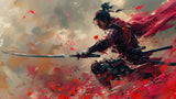 Design file showing detailed Japanese Samurai Warrior pattern with dramatic red cape effects