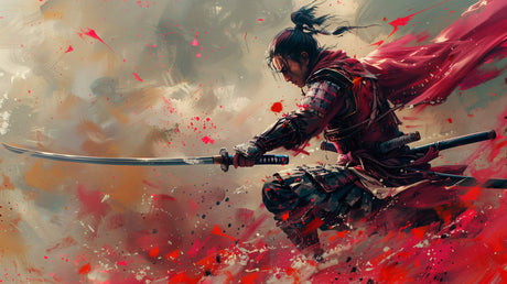Design file showing detailed Japanese Samurai Warrior pattern with dramatic red cape effects