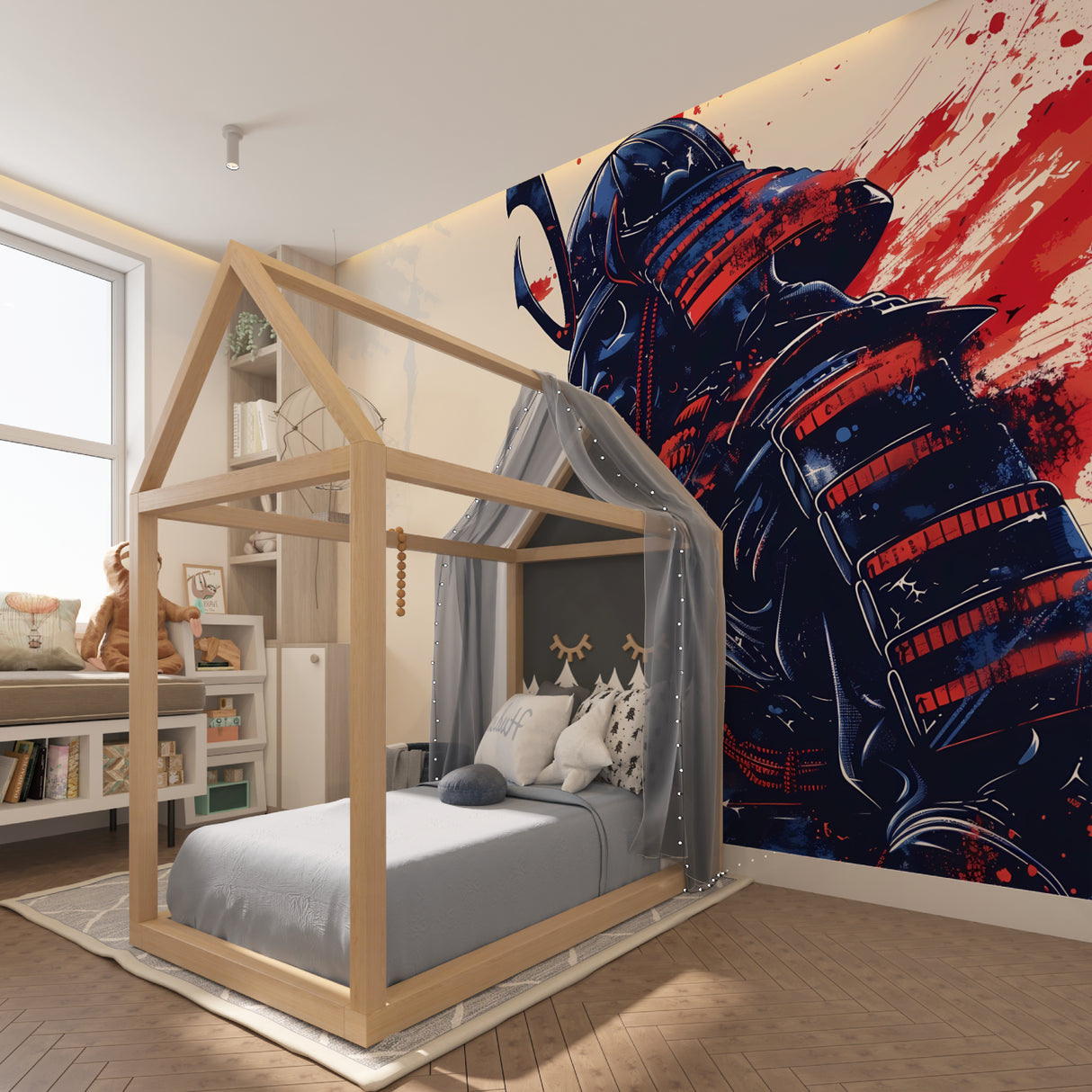 Japanese Warrior Mural enhancing modern dining room atmosphere