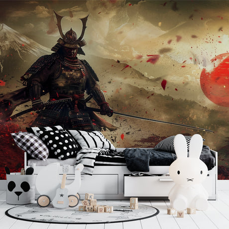 Japanese Samurai Warrior wallpaper in modern living room creating dramatic atmosphere with red sun and Mount Fuji backdrop