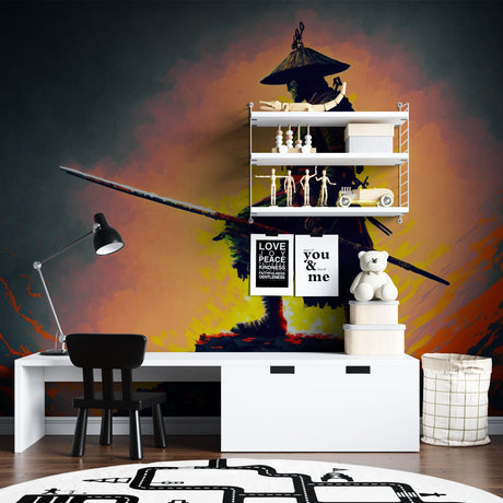 Japanese Samurai Warrior Wallpaper showcased in a modern living room with minimalist furniture