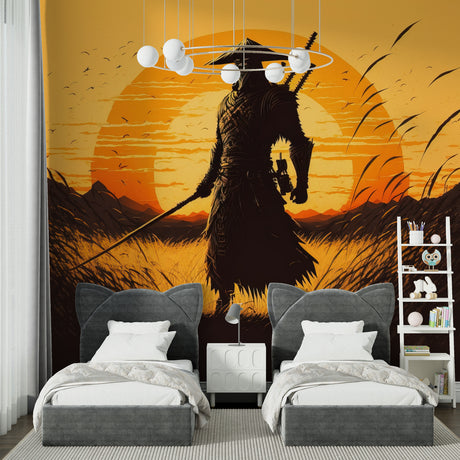 Japanese Samurai wallpaper in modern living room with minimal furniture, orange sunset glow creating warm ambiance
