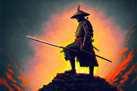 Samurai Warrior design file showing intricate sunset color palette and silhouette details