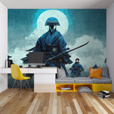 Japanese warrior wallpaper showcased in meditation room with floor cushions