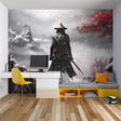 Japanese warrior wallpaper creating dramatic impact in modern living room with gray sofa and minimal decor