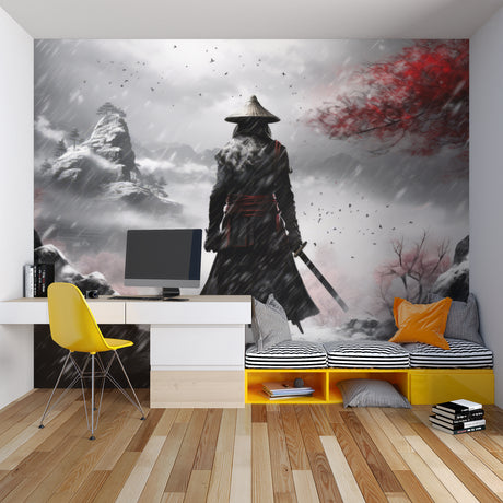 Japanese warrior wallpaper creating dramatic impact in modern living room with gray sofa and minimal decor